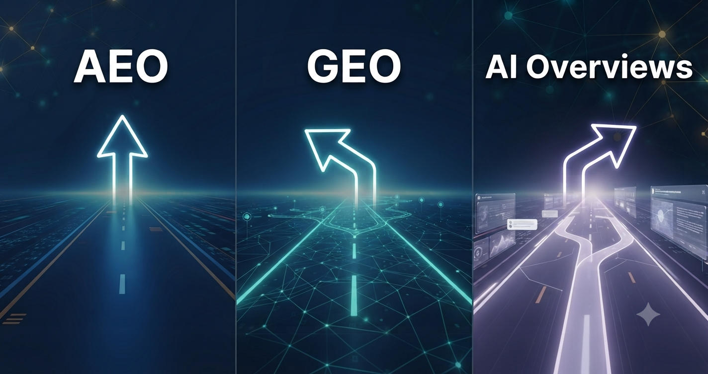 AEO vs GEO vs AI Overviews — three roads (Answer Engine Optimization, Generative Engine Optimization, Google AI Overviews) leading to the same AI answer
