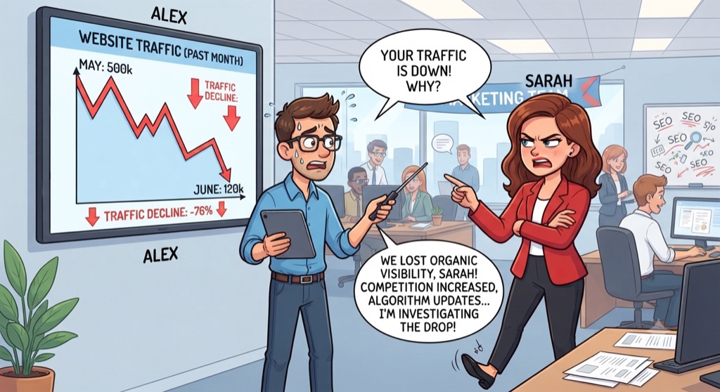 A marketer facing a boss with a website-traffic chart pointing down
